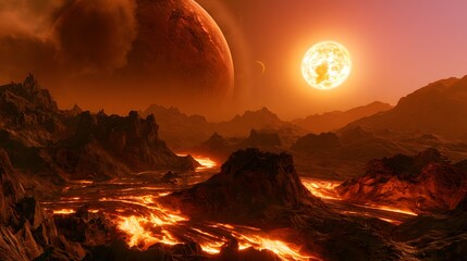 Fototapeta premium Fiery alien world glows with rivers of lava a stark volcanic landscape under an orange sky
