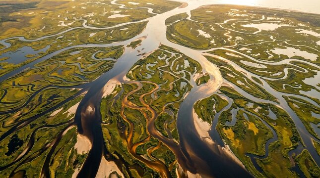 Aerial View of Breathtaking Braided River Delta with Winding Channels at Sunset Golden Hour