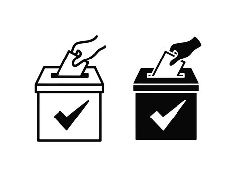 Voting ballot box with check mark and hand casting vote icon election decision