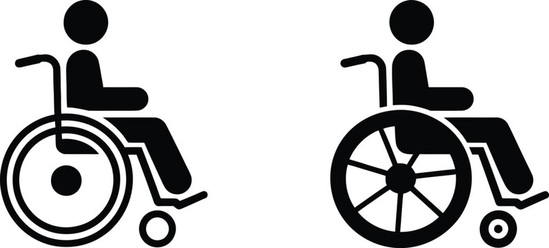 Wheelchair, accessibility icon set, line art and silhouette symbols for medical information disability support and inclusive design.