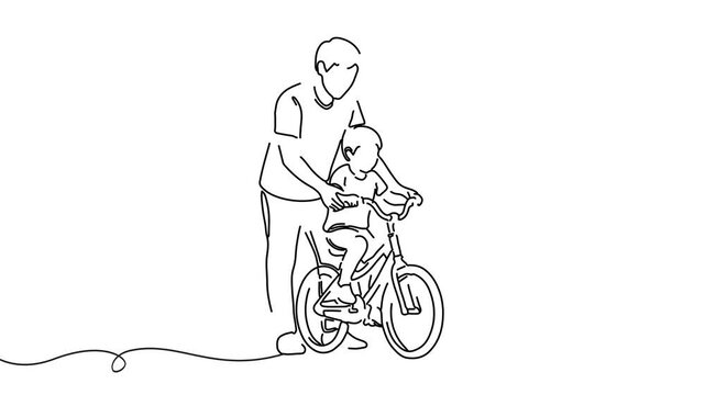 Animation of line drawing of parent teaching a child to ride a bicycle, symbolizing guidance, encouragement, and shared milestones.