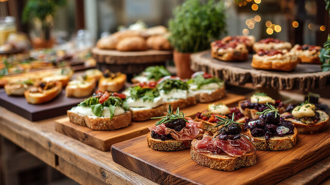 Assortment of gourmet bruschetta and crostini on a wooden buffet table for an event