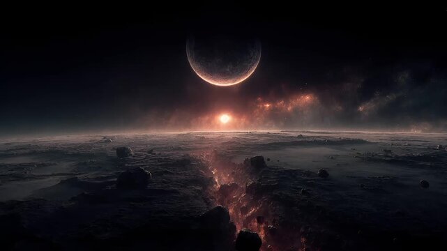 Fantasy wallpaper. A vivid, atmospheric depiction of a celestial landscape. The main subject is a vast expanse of the moons surface, illuminated by a radiant, glowing light source, casting a warm.