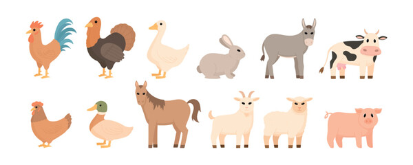 Fototapeta premium Set of farm animals vector illustration isolated on white background. Collection of cute livestock characters in flat cartoon style for agriculture, countryside, education, mascot, sticker, icon