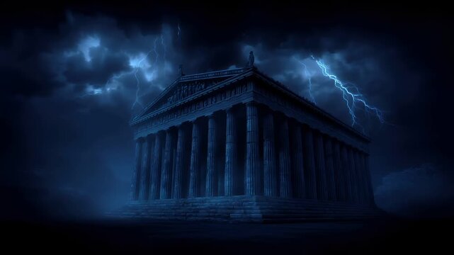 Fantasy wallpaper. A dramatic depiction of a classical temple, set against a backdrop of dark clouds and striking lightning bolts. The temple is depicted in a side profile, with its tall.