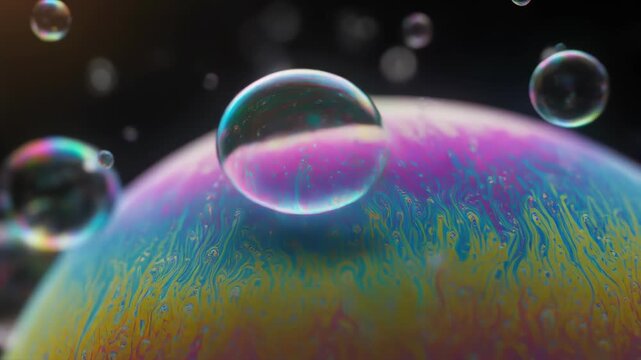 Iridescent bubbles float above a colorful, swirling surface