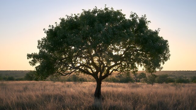 Golden hour serenity a lone marula tree graces an expansive African savanna landscape photography