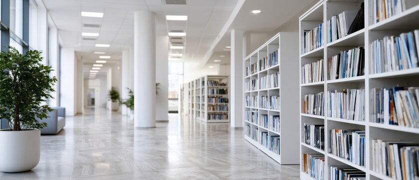 Bookshelves in modern library corridor, education and knowledge concept, quiet academic learning environment.