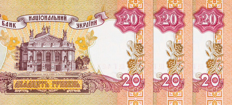 20 hryvnia banknote of Ukraine with the image of the Lviv Opera House. Paper money of Ukraine.
