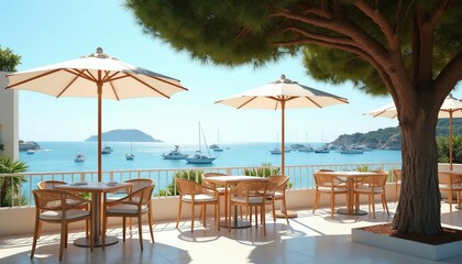 Fototapeta premium Waterside cafe with tables under umbrellas overlooks bay with boats. Open-air seating offers ocean views. Modern white and wood furniture creates a chic vibe. Enjoy dining with a scenic backdrop.