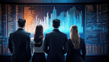 Fototapeta premium Business professionals analyzing financial data on a large screen.