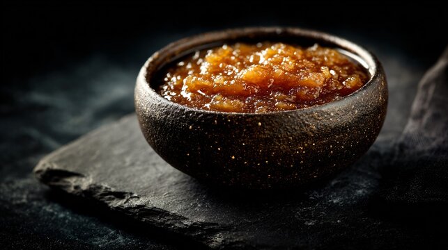 A moody still life of apple chutney in a ceramic bowl on a dark stone surface, highlighted with directional side lighting to emphasize texture