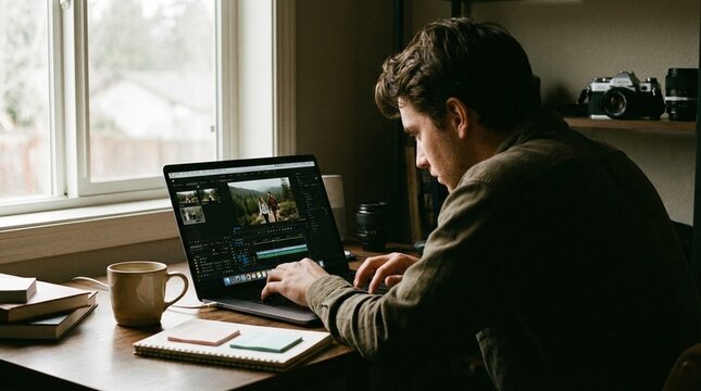 Man editing video on laptop at home desk by window, warm natural light and focused posture convey productivity, suitable for remote work and creative workflow