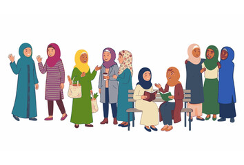 Obraz premium Diverse Muslim Women Wearing Traditional Hijabs and Robes Cartoon Vector Illustration