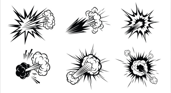 Black and white comic book-style explosion six variations with dynamic lines and clouds comic book style