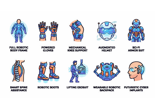 Colorful Bionic Exosuit and Wearable Robotics Icons Vector Collection