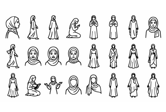 Minimal Islamic Hijab Women Line Art Icons and Modest Fashion Vector Set