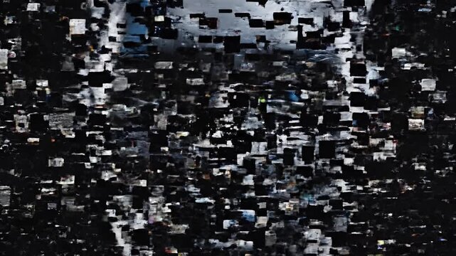 Closeup of a metallic robot face with glitch effects.