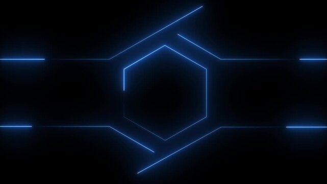 Abstract neon line glowing hexagon icon animation. blue neon outline hexagon seamless loop animated on black background neon line animation