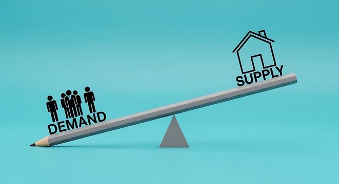 Real estate supply and demand concept, house and people icons balancing on pencil seesaw, housing market economics on blue background