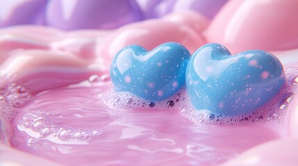 Obraz premium Two light blue hearts float in a pink liquid, surrounded by bubbles