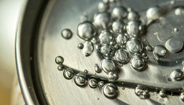 Lustrous liquid mercury droplets forming perfect spheres on a smooth, slightly concave metallic surface