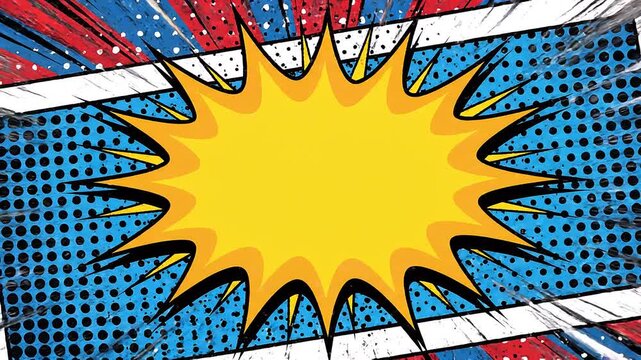 Zoom shot of pop art comic burst expanding across colorful halftone panel with radial rays and white border interior