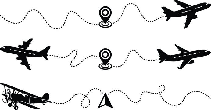 Airplane Route Silhouettes Set, Dotted Flight Path Line with Map Pin Pointer Icon Vector Illustration