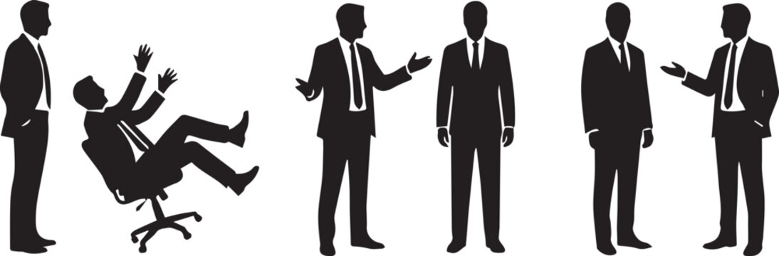 Businessmen Silhouettes in office situations showing a man falling backwards off a chair and colleagues talking
