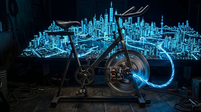 Stationary exercise bike generating clean green electricity to power a glowing miniature futuristic smart city model