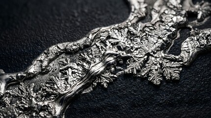 Fototapeta premium Close up macro shot of metallic silver crystal growth showing intricate dendritic patterns on a dark textured surface