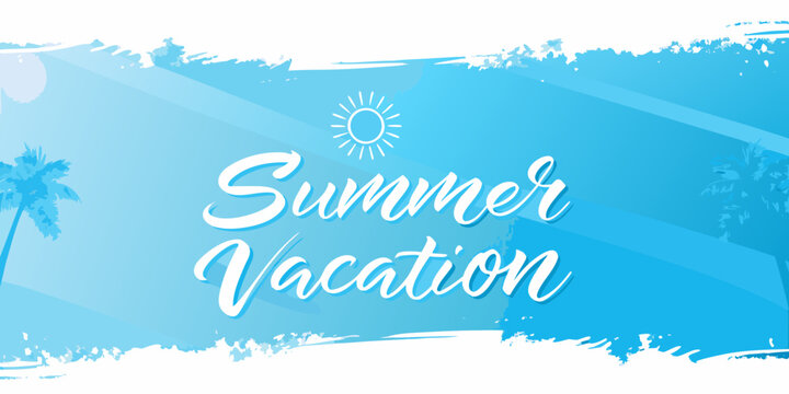 Summer vacation banner with palm trees and sun illustration