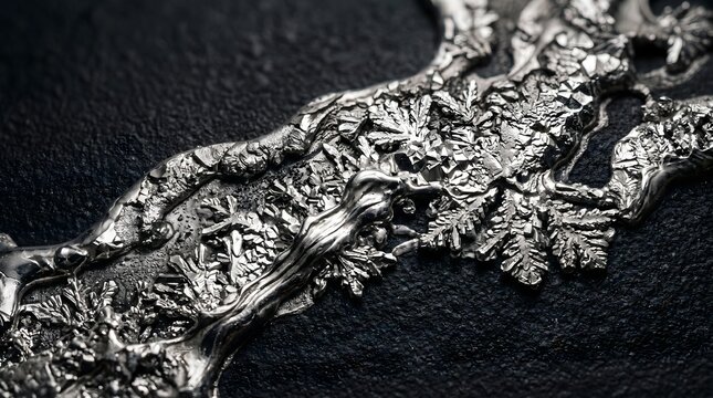 Close up macro shot of metallic silver crystal growth showing intricate dendritic patterns on a dark textured surface