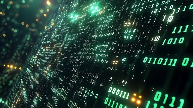 Abstract digital background with binary code and glowing data streams in green and gold