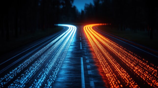 Two roads diverge, lit by contrasting trails of light, in a dark forest