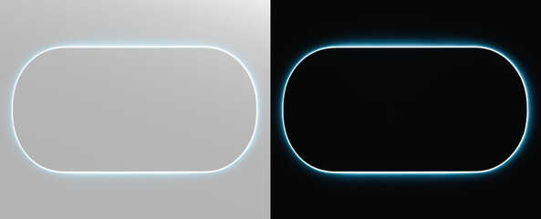 Realistic blue neon pill rectangle frame set, atmospheric glowing geometric button line and cinematic futuristic cyber banner template on contrast backgrounds © Maxim