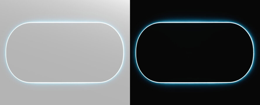 Realistic blue neon pill rectangle frame set, atmospheric glowing geometric button line and cinematic futuristic cyber banner template on contrast backgrounds