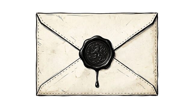 Sealed envelope with black wax stamp and lion embossing on cream paper background