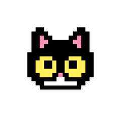 Fototapeta premium Cute pixelated black cat icon with vibrant yellow eyes, a charming digital graphic representation for modern web and game design projects