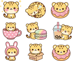 Obraz premium Kawaii Leopard Cartoon Character Collection with Donut Bubble Tea Macaron Cupcake and Cute Animal Sticker Style Illustrations
