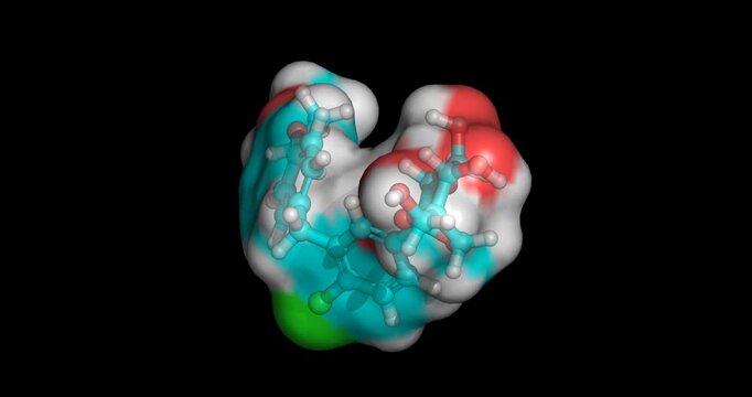 Ertugliflozin, drug/SGLT2 inhibitor for type 2 diabetes and obesity, 3D molecule spinning, 4K