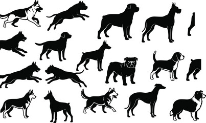 Set of dog breed silhouettes and vector illustrations featuring German Shepherd Labrador Retriever Greyhound Husky and Bulldog for pet industry design © Abida
