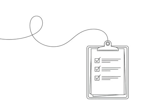 Clipboard with checklist and task completed icons with line art
