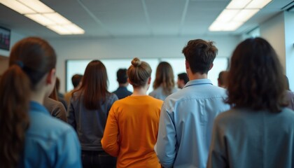 Obraz premium Group of people stand in line inside modern office building hallway. Faceless individuals wait patiently during work day in communal space. Business or education setting.