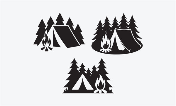 Forest campsite with tent and campfire, bold line art icon srt vector illustration