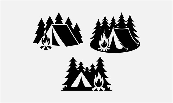 Forest campsite with tent and campfire, bold line art icon srt vector illustration