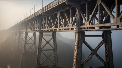 Naklejka premium Wide-angle view of a large steel bridge spanning a foggy river at dawn