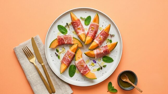 Clean Premium Prosciutto e Melone Summer Menu Flat Lay