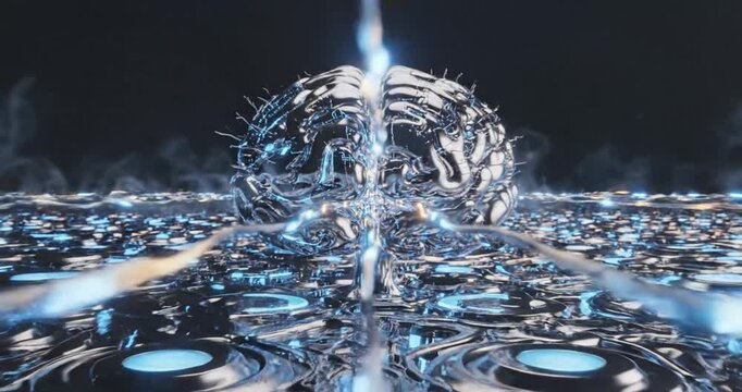 Abstract representation of a brain with flowing metallic textures and glowing lights