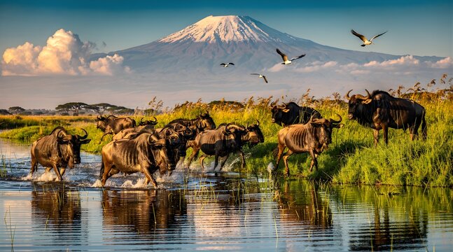 Wildebeest herd migrating across water during the great migration in Africa.